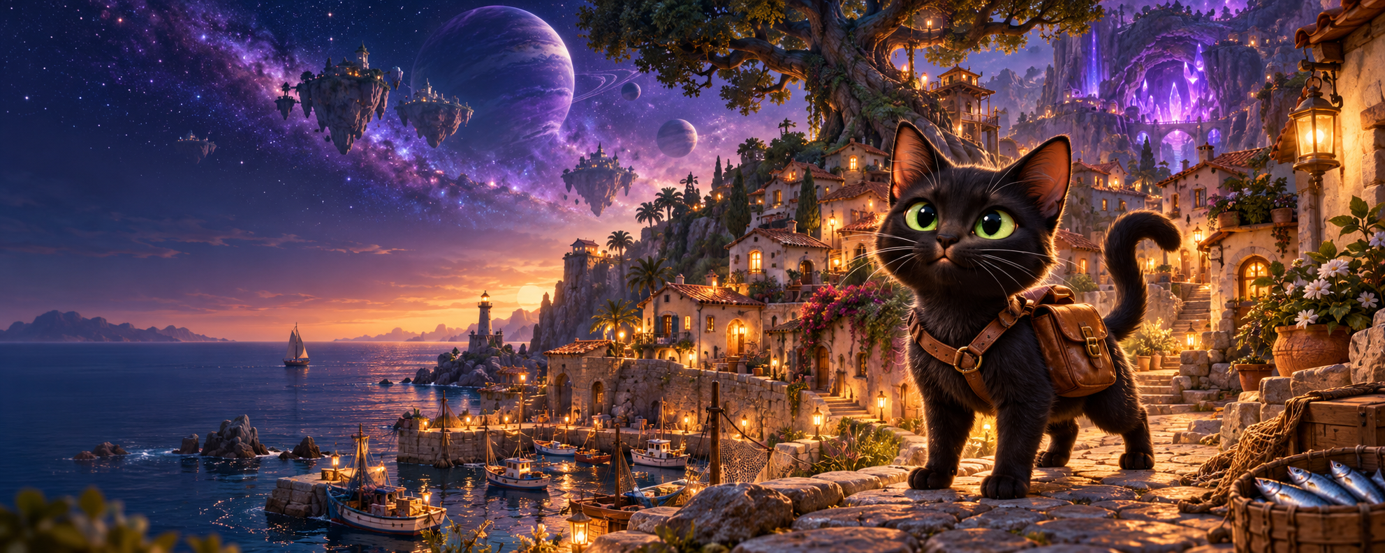 Paco, un gato negro de ojos verdes, descubre un pueblo pesquero bajo un cielo de planetas