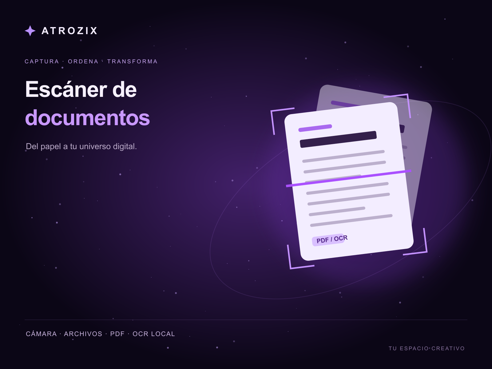 Escáner de documentos con diseño galáctico morado de Atrozix