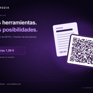Pack Generador de QR Pro + Escáner de documentos con diseño galáctico morado de Atrozix