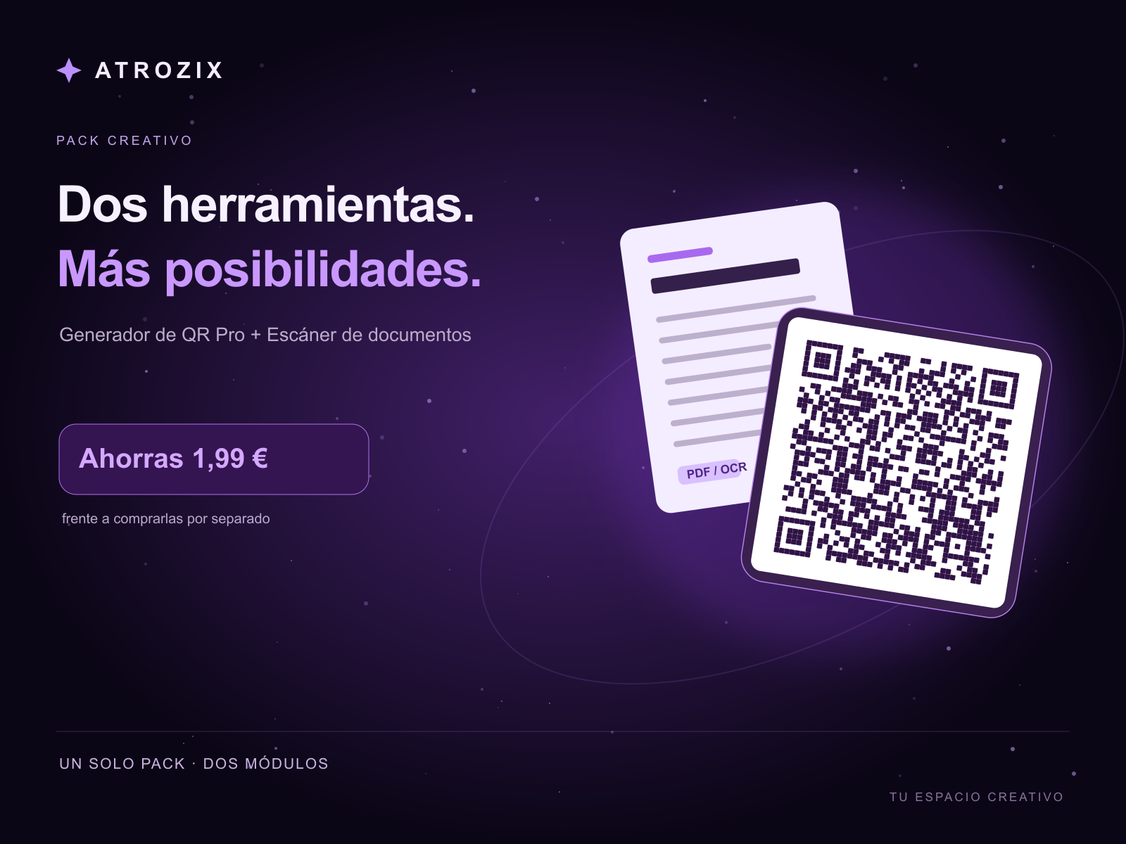 Pack Generador de QR Pro + Escáner de documentos con diseño galáctico morado de Atrozix