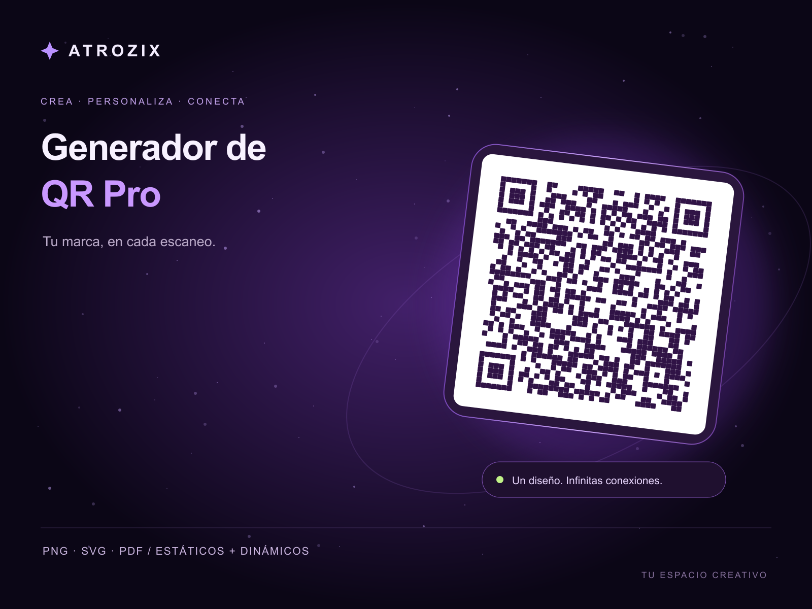 Generador de QR Pro con diseño galáctico morado de Atrozix