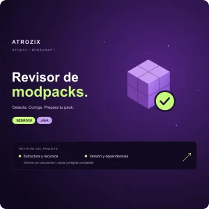 Revisor de modpacks de Atrozix, con bloques, comprobaciones y flechas de actualización sobre fondo morado.