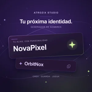 Generador de nombres Atrozix Studio: constelación morada y nombres de jugador.