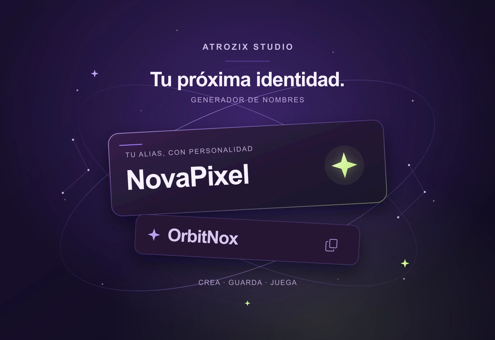 Generador de nombres Atrozix Studio: constelación morada y nombres de jugador.