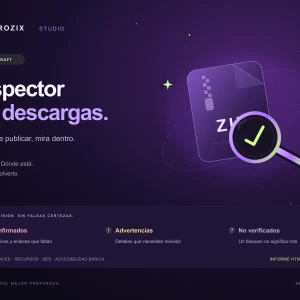 Inspector de descargas de Atrozix, con un archivo ZIP y un panel de revisión sobre fondo morado.