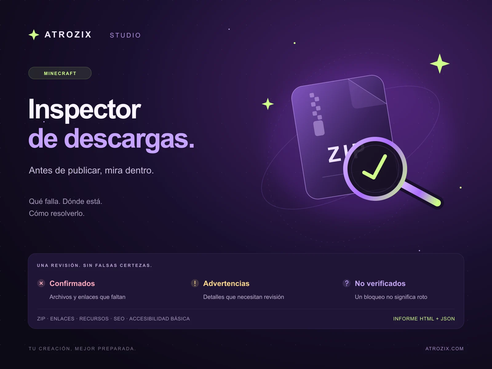 Inspector de descargas de Atrozix, con un archivo ZIP y un panel de revisión sobre fondo morado.