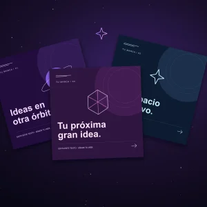 Tres plantillas sociales cuadradas con diseño espacial violeta y azul.