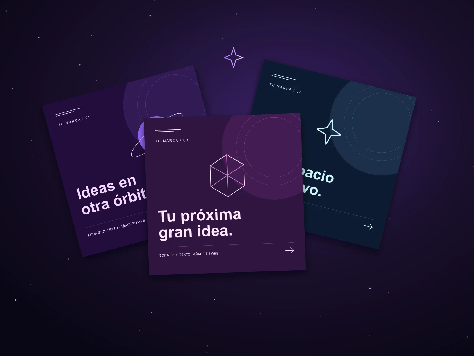 Tres plantillas sociales cuadradas con diseño espacial violeta y azul.