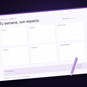 Planner semanal lavanda con espacios para lunes a fin de semana y una prioridad.