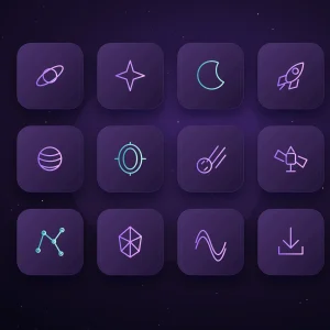 Doce iconos de inspiración espacial en tarjetas violetas con detalles turquesa.